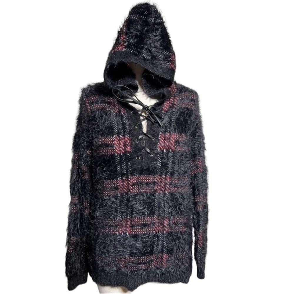 ROCK & REPUBLIC L/S Plaid Hooded Tunic Eyelash Sweater in Blk/Red Size XL - Picture 2 of 9